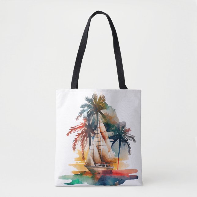 Colorful Tropical Palm Sailboat Tote Bag (Front)