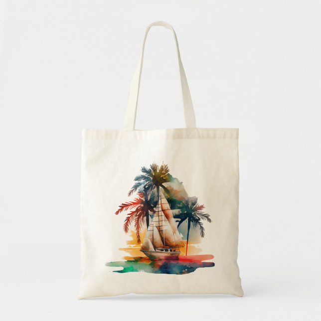 Colorful Tropical Palm Sailboat Tote Bag (Front)