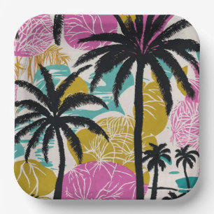 Colorful Tropical Palm Tree Pattern Paper Plates
