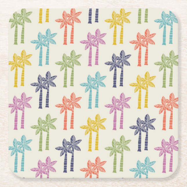 Colorful Tropical Palm Tree Pattern Square Paper Coaster (Front)
