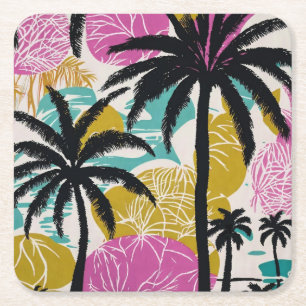 Colorful Tropical Palm Tree Pattern Square Paper Coaster