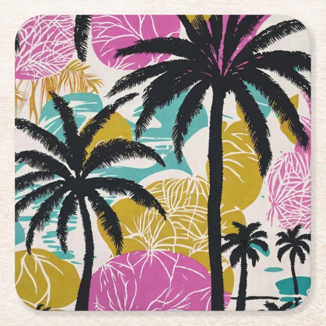 Colorful Tropical Palm Tree Pattern Square Paper Coaster (Front)