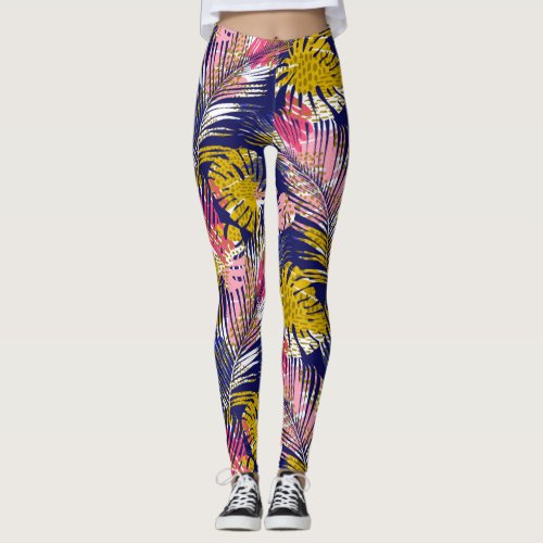 Colorful Tropical Palms Abstract Cheetah Print Leggings