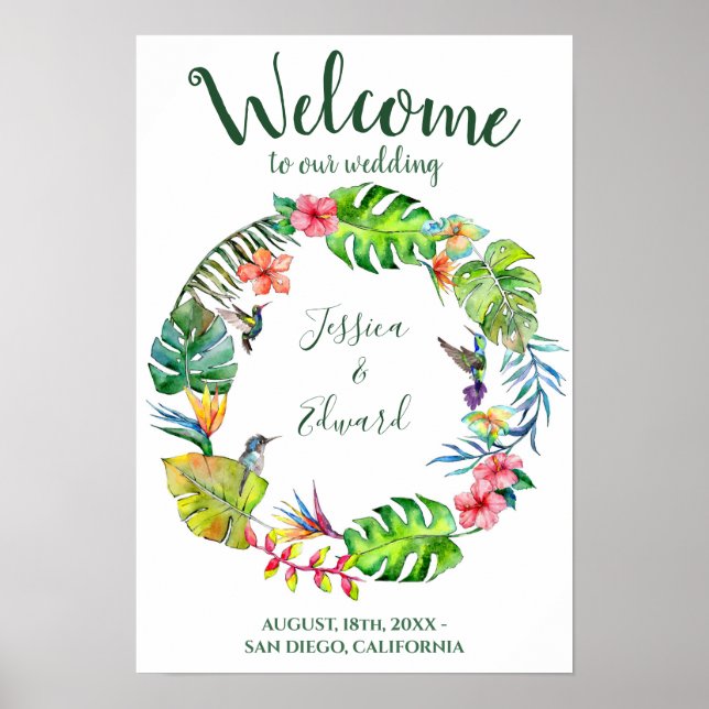 Colorful Tropical Paradise Wreath Welcome Wedding Poster (Front)