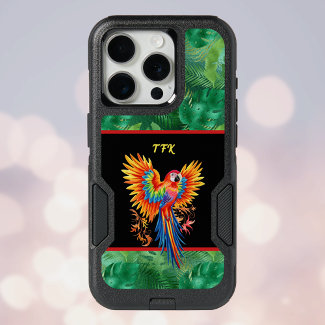 Colorful Tropical Parrot on Black Green w Initials