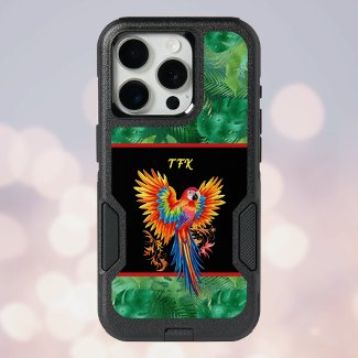Colorful Tropical Parrot on Black Green w Initials