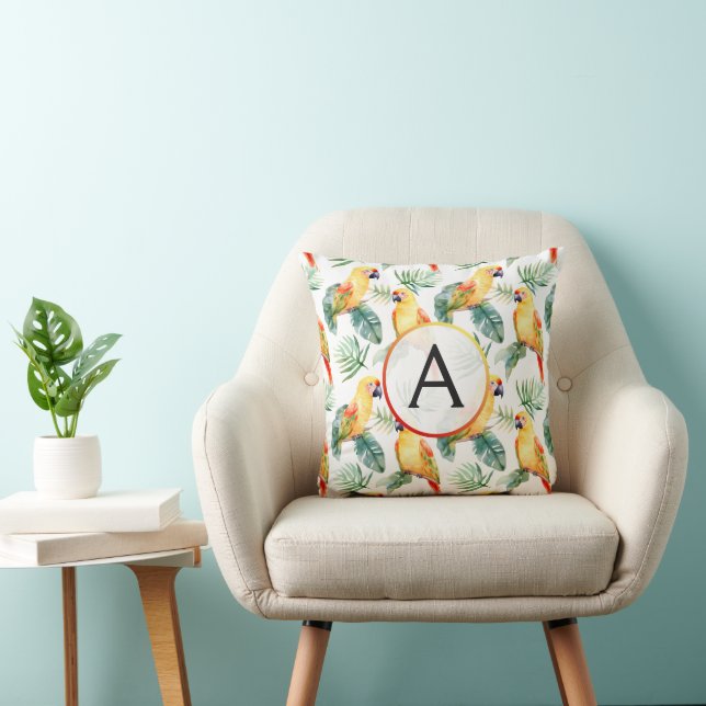 Colorful Tropical Parrot Pattern & Monogram Throw Pillow (Chair)