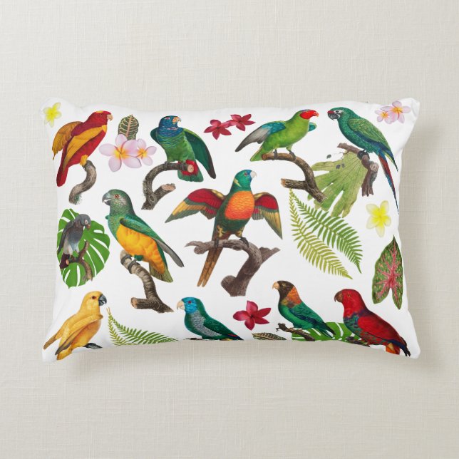 Colorful Tropical Parrots, Leaves & Flowers  Accent Pillow (Front)