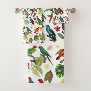 Colorful Tropical Parrots, Leaves & Flowers Bath Towel Set