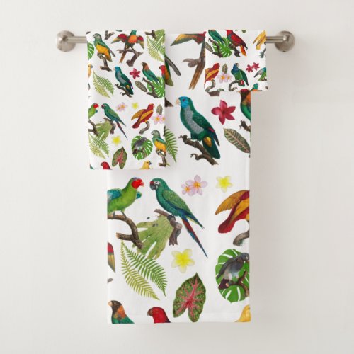 Colorful Tropical Parrots Leaves  Flowers   Bath Towel Set