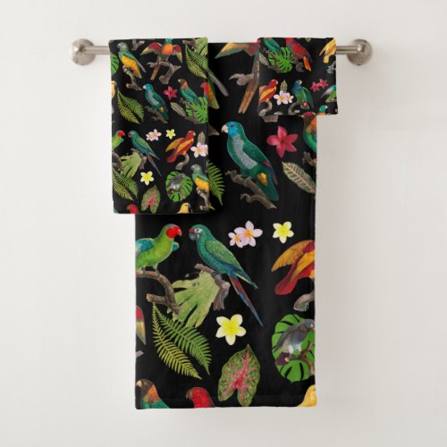 Colorful Tropical Parrots Leaves  Flowers  Bath Towel Set