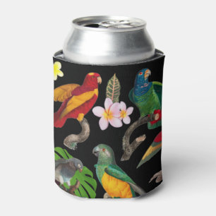 Colorful Tropical Parrots, Leaves & Flowers Can Cooler
