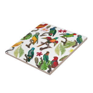 Colorful Tropical Parrots, Leaves & Flowers Ceramic Tile
