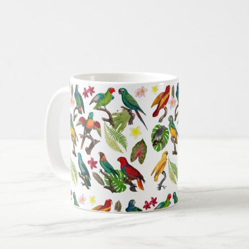Colorful Tropical Parrots Leaves  Flowers  Coffee Mug