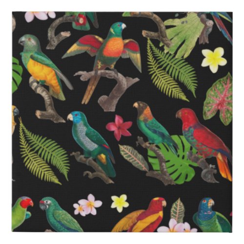 Colorful Tropical Parrots Leaves  Flowers  Faux Canvas Print