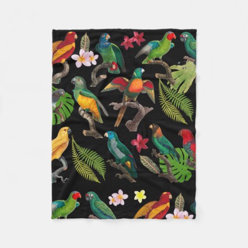 Colorful Tropical Parrots Leaves  Flowers  Fleece Blanket