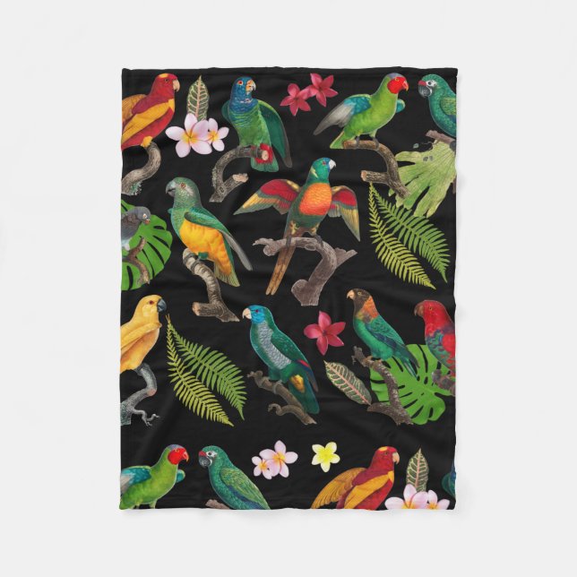 Colorful Tropical Parrots, Leaves & Flowers  Fleece Blanket (Front)