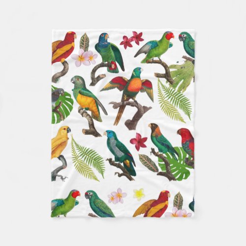 Colorful Tropical Parrots Leaves  Flowers  Fleece Blanket