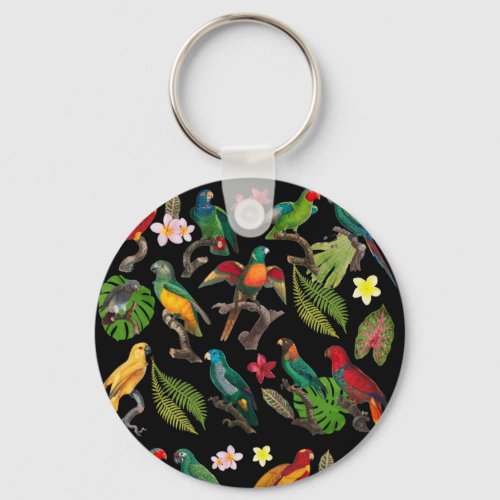 Colorful Tropical Parrots Leaves  Flowers  Keychain