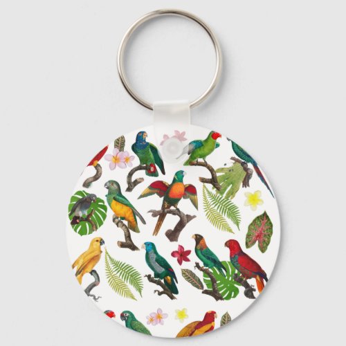Colorful Tropical Parrots Leaves  Flowers  Keychain