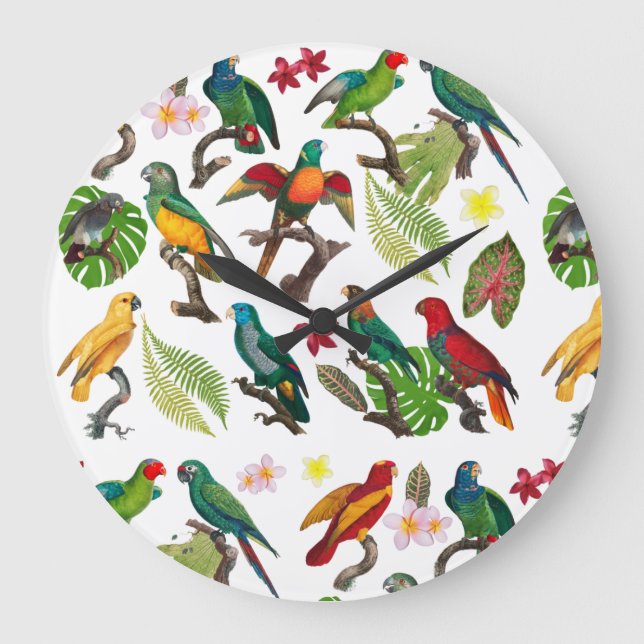 Colorful Tropical Parrots, Leaves & Flowers Large Clock (Front)