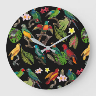 Colorful Tropical Parrots, Leaves & Flowers Large Clock