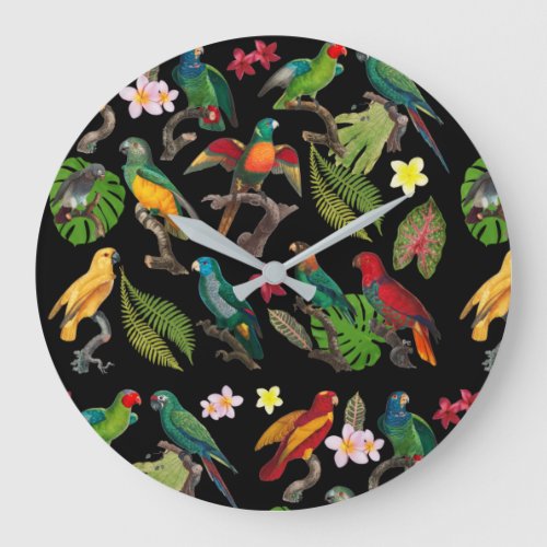 Colorful Tropical Parrots Leaves  Flowers  Large Clock