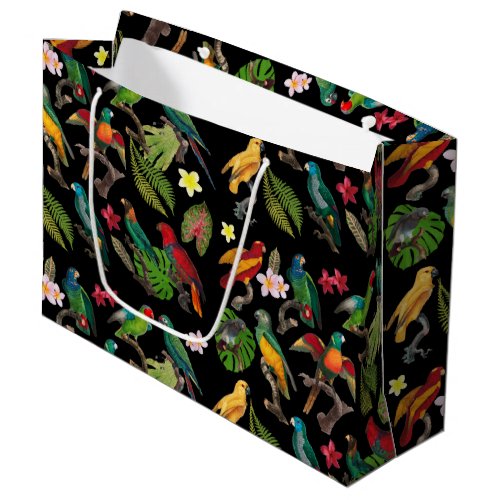Colorful Tropical Parrots Leaves  Flowers   Large Gift Bag