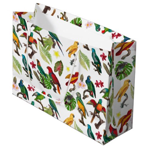 Colorful Tropical Parrots Leaves  Flowers Large Gift Bag