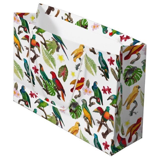 Colorful Tropical Parrots, Leaves & Flowers Large Gift Bag (Front Angled)