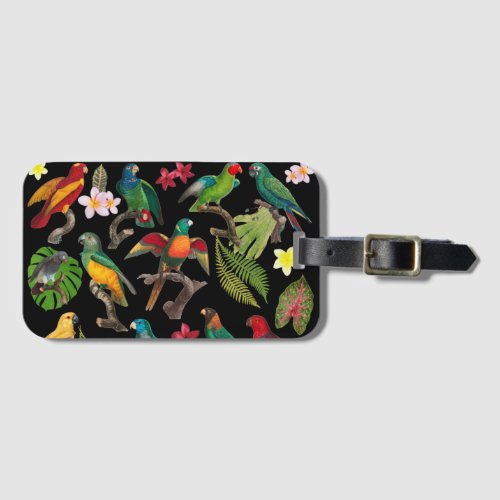 Colorful Tropical Parrots Leaves  Flowers  Luggage Tag