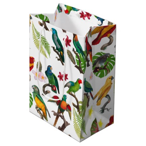 Colorful Tropical Parrots Leaves  Flowers  Medium Gift Bag