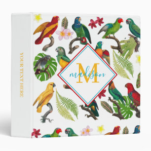 Colorful Tropical Parrots Leaves, Flowers Monogram 3 Ring Binder