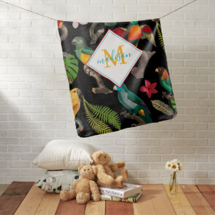 Colorful Tropical Parrots Leaves, Flowers Monogram Baby Blanket