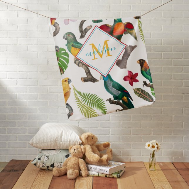 Colorful Tropical Parrots Leaves, Flowers Monogram Baby Blanket (In Situ)
