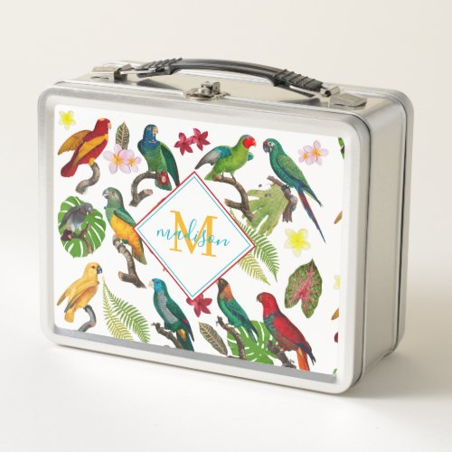 Colorful Tropical Parrots Leaves Flowers Monogram Metal Lunch Box