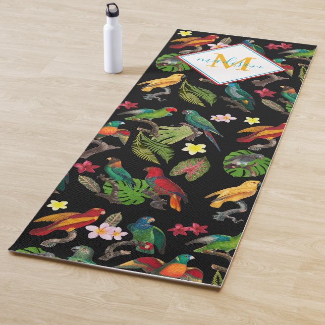 Colorful Tropical Parrots Leaves, Flowers Monogram Yoga Mat (In Situ)