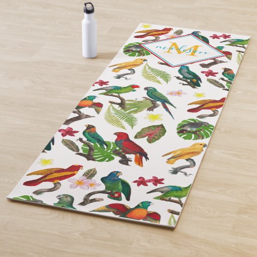 Colorful Tropical Parrots Leaves Flowers Monogram Yoga Mat