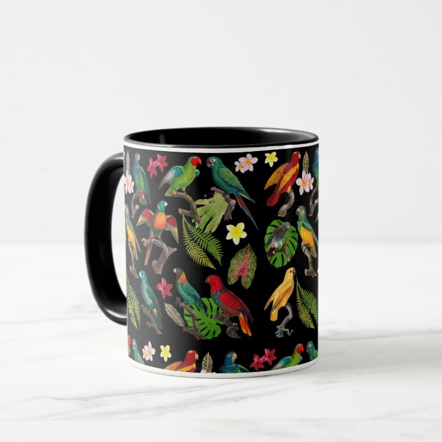 Colorful Tropical Parrots, Leaves & Flowers  Mug (Front Left)