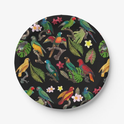 Colorful Tropical Parrots Leaves  Flowers Paper Plates