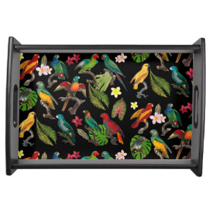 Colorful Tropical Parrots, Leaves & Flowers Serving Tray