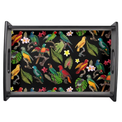Colorful Tropical Parrots Leaves  Flowers  Serving Tray