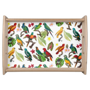 Colorful Tropical Parrots, Leaves & Flowers Serving Tray