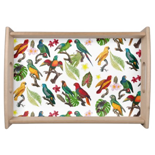 Colorful Tropical Parrots Leaves  Flowers  Serving Tray
