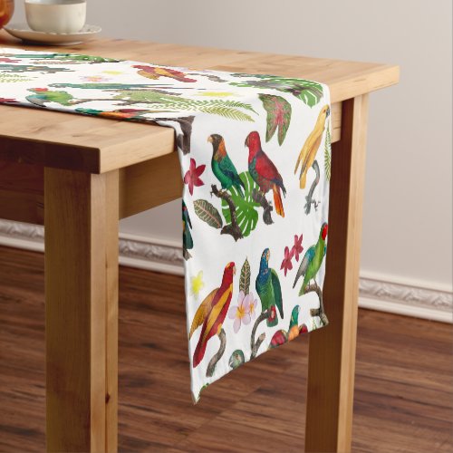 Colorful Tropical Parrots Leaves  Flowers  Short Table Runner