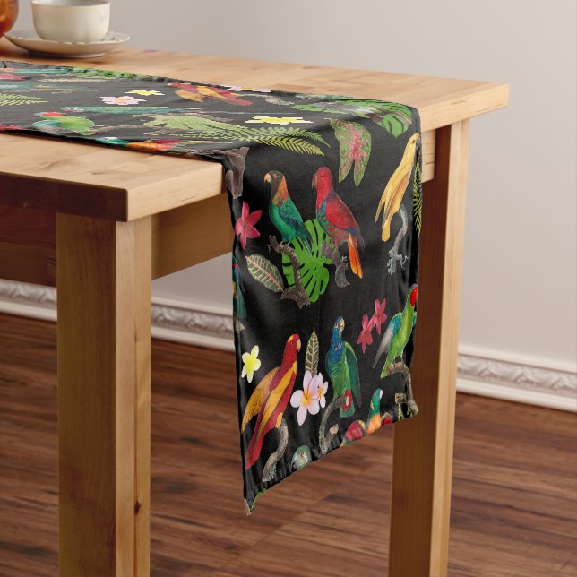 Colorful Tropical Parrots, Leaves & Flowers   Short Table Runner (In Situ)