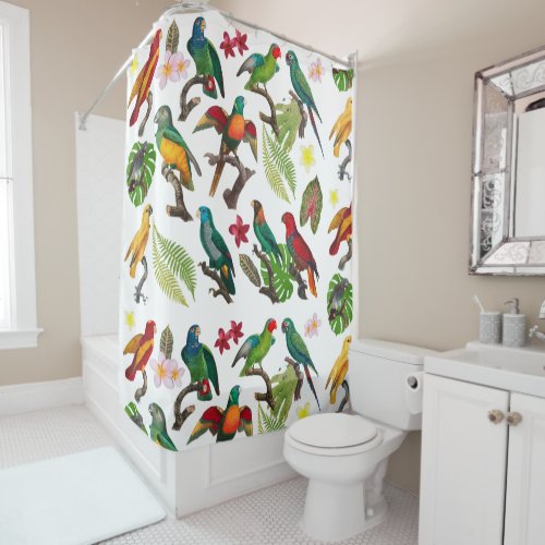 Colorful Tropical Parrots Leaves  Flowers  Shower Curtain