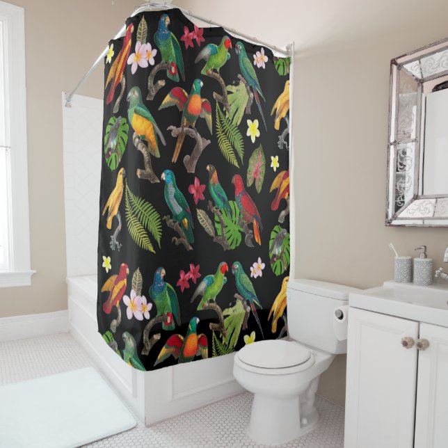 Colorful Tropical Parrots, Leaves & Flowers  Shower Curtain (In Situ)