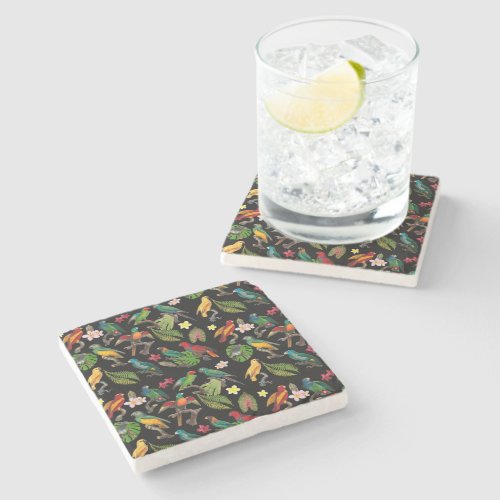 Colorful Tropical Parrots Leaves  Flowers  Stone Coaster
