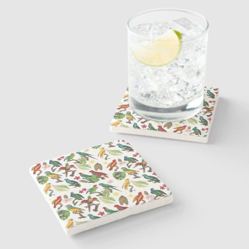 Colorful Tropical Parrots Leaves  Flowers   Stone Coaster